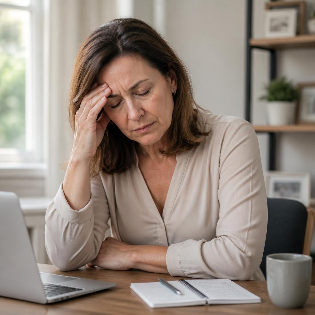 Middle-aged woman at her desk feeling frustrated by dizziness and vertigo